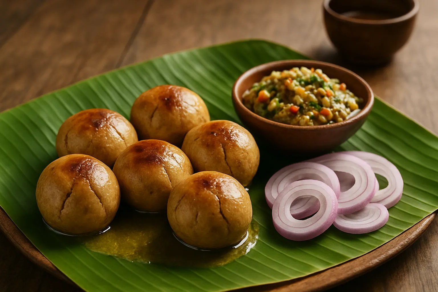 Dal Baati Churma - Crispy baked wheat rolls soaked in pure ghee, paired with five-lentil mixed dal and sweet crushed wheat churma.