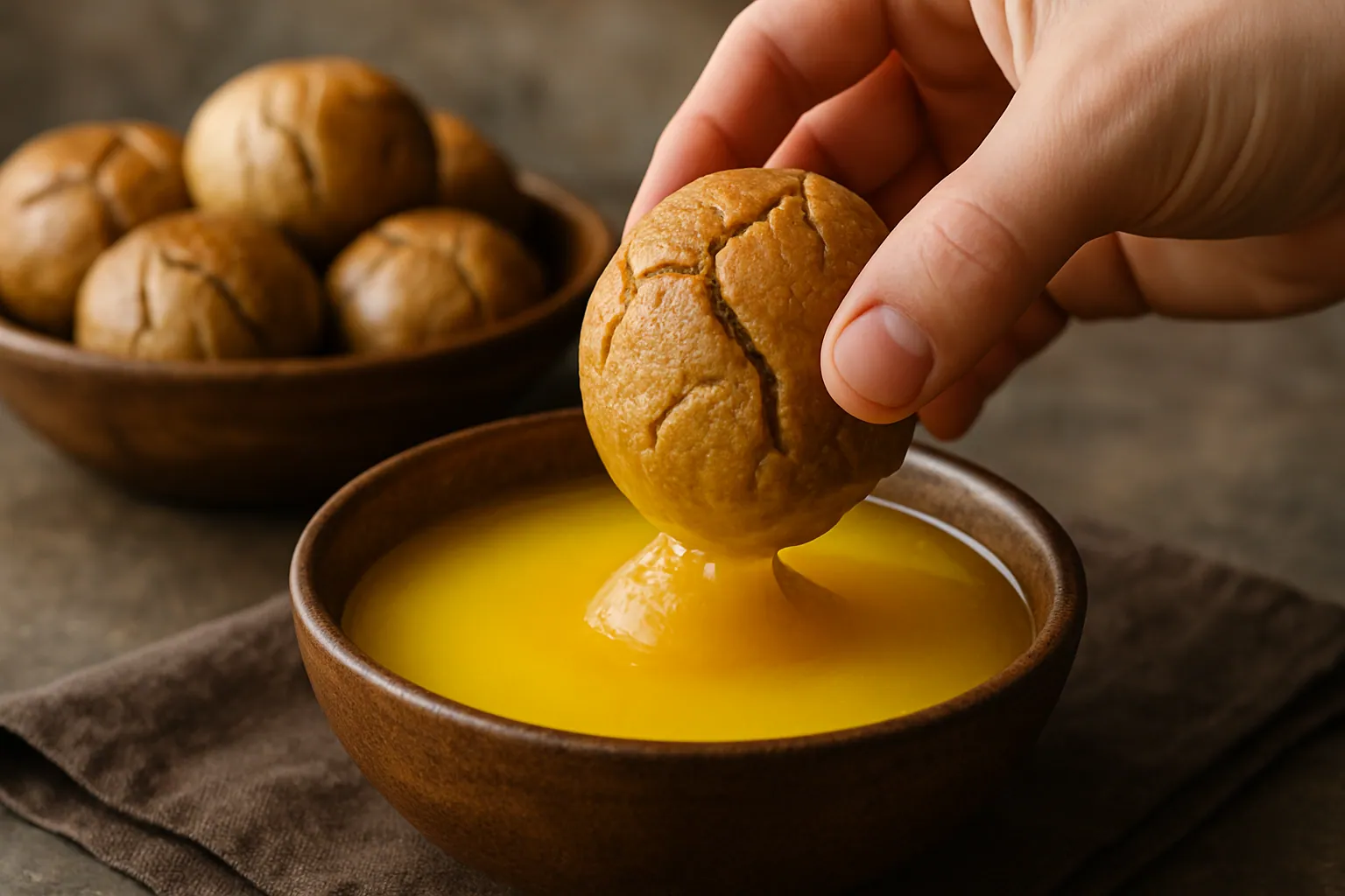 Thekua - Traditional dry sweet made from whole wheat flour, jaggery, and coconut, deep-fried to a crisp golden brown with intricate wooden mold patterns.